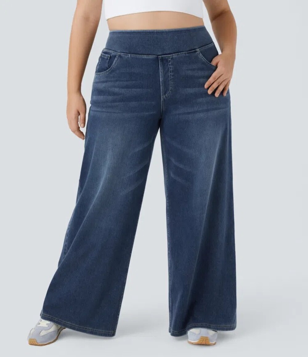 Halara Flex High Waisted Wide Leg Flare Soft Jeans in Blue Size XL Petite